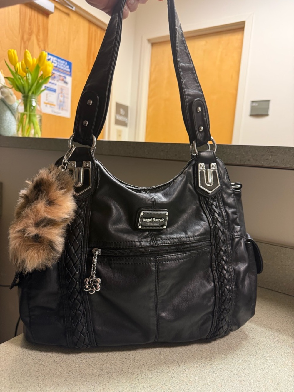 Angel Barcelo Washed Black Vegan Leather Muti-Pocket Hobo Bag